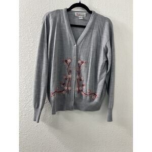 Milano Design Group Womans Size M Grey Cardigan Sweater‎ Floral Embroidered VTG